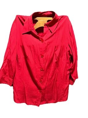 Dressbarn Button Up Shirt Women’s SZ 14/16 Red Striped 3/4 Sleeve  Top